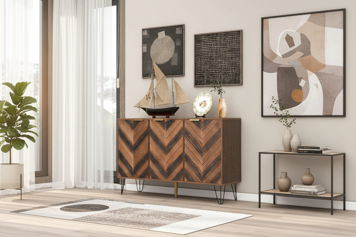 Meuble buffet bois 120 cm avec trois portes et grand volume interieur, commode moderne pour salon salle a manger ou chambre