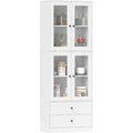 Colonne de rangement blanche brillante 59 x 30 x 170 cm avec quatre portes en verre, meuble vertical pratique pour cuisine et sejour