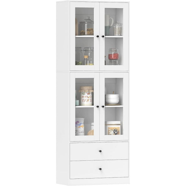 Colonne de rangement blanche brillante 59 x 30 x 170 cm avec quatre portes en verre, meuble vertical pratique pour cuisine et sejour