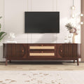 Meuble TV marron avec tiroirs en rotin, deux portes et rangement polyvalent pour chambre salon ou espace repas