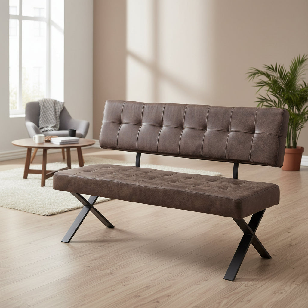 Banquette repas marron retro avec dossier haut et pieds metalliques anthracite en forme de X