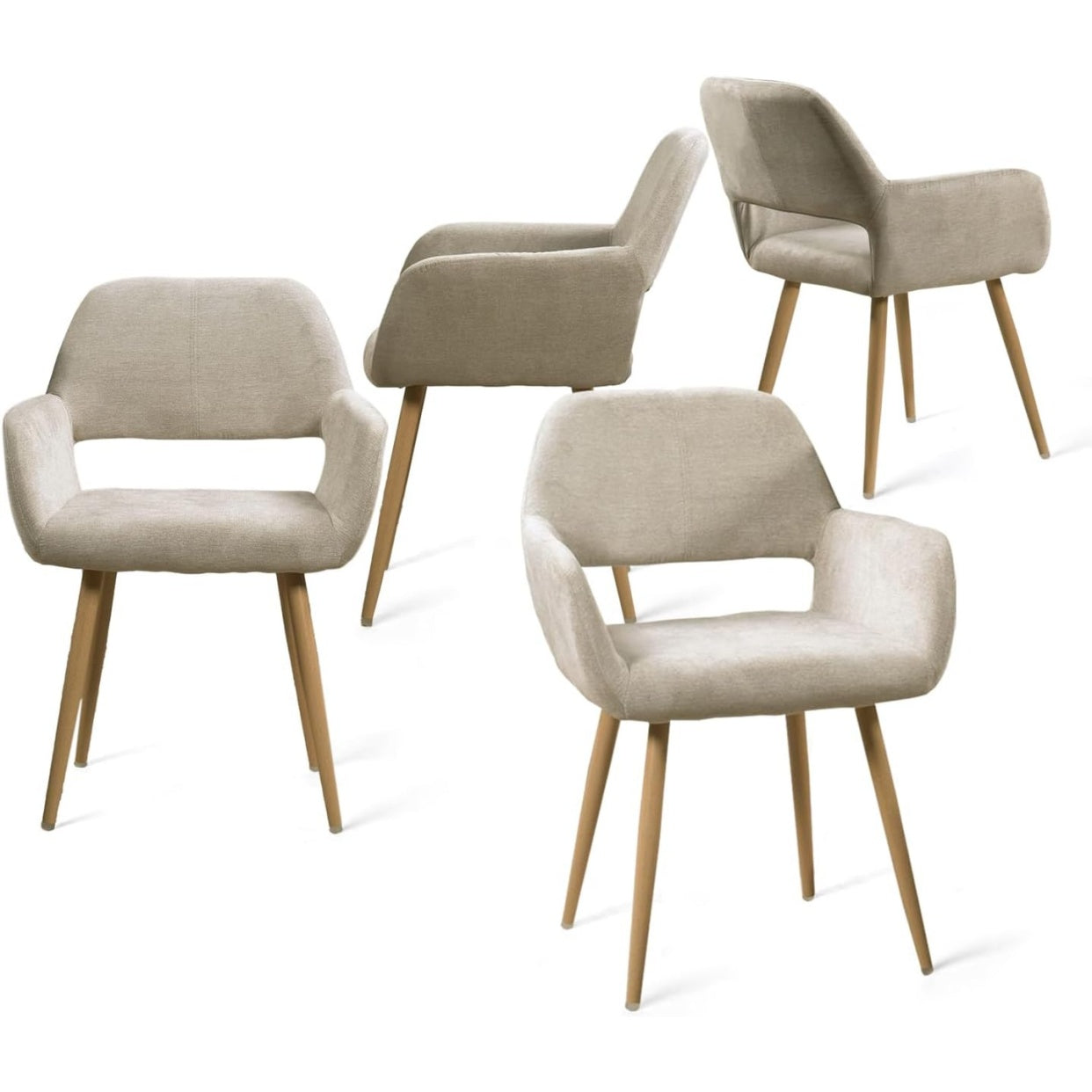 Lot de quatre fauteuils repas beige avec assise rembourree en tissu, pieds metalliques effet bois pour salon ou bureau