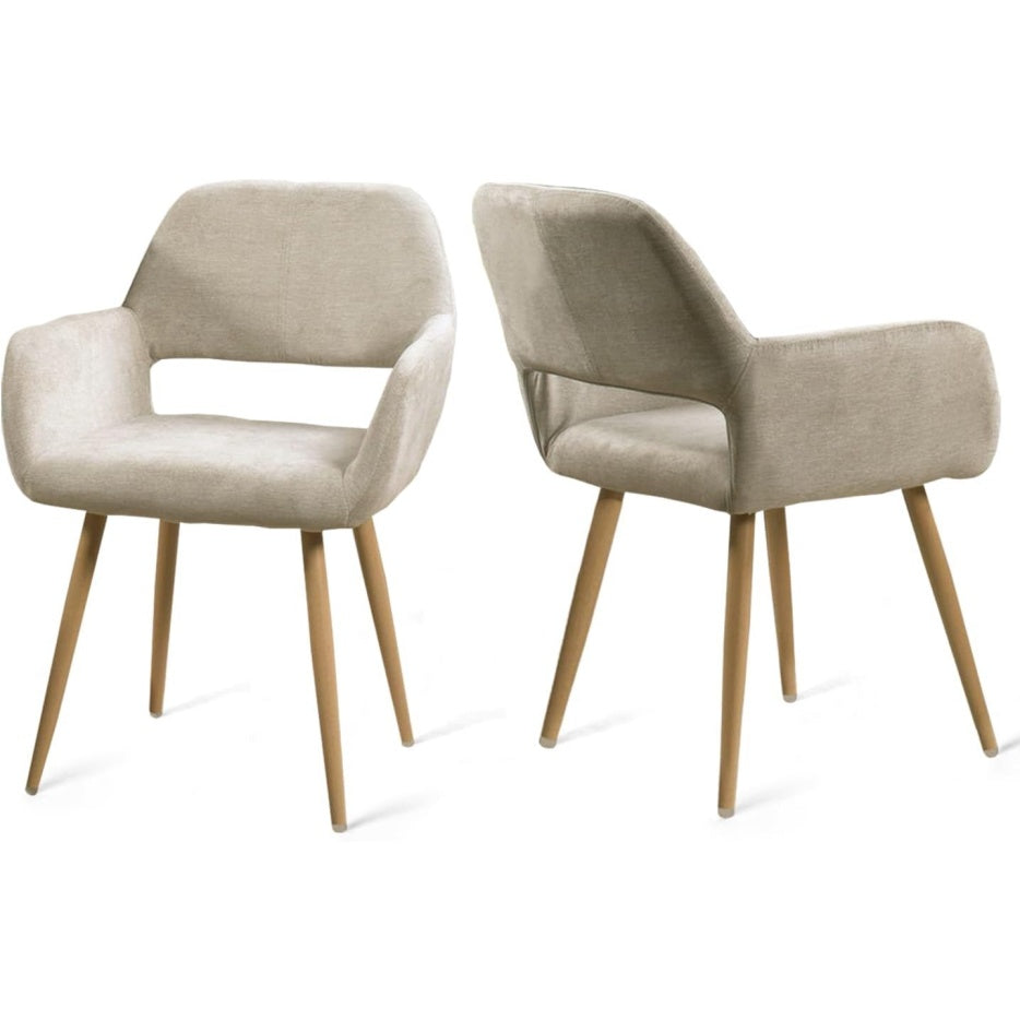 Lot de deux fauteuils de salle a manger style nordique avec siege rembourre en tissu, pieds metalliques et finition beige marron