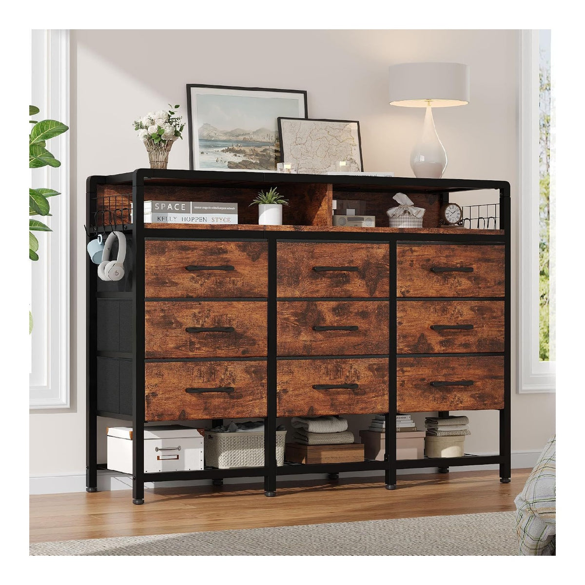 Commode de rangement reglable avec tiroirs marron
