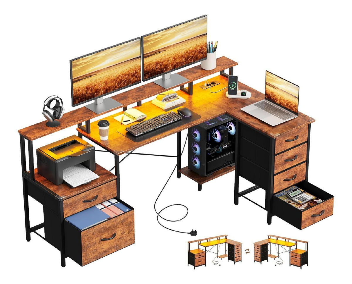 Bureau fonctionnel reglable avec tiroirs marron