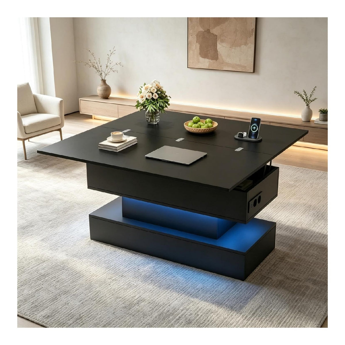Table basse avec rangement ferme pliable noir
