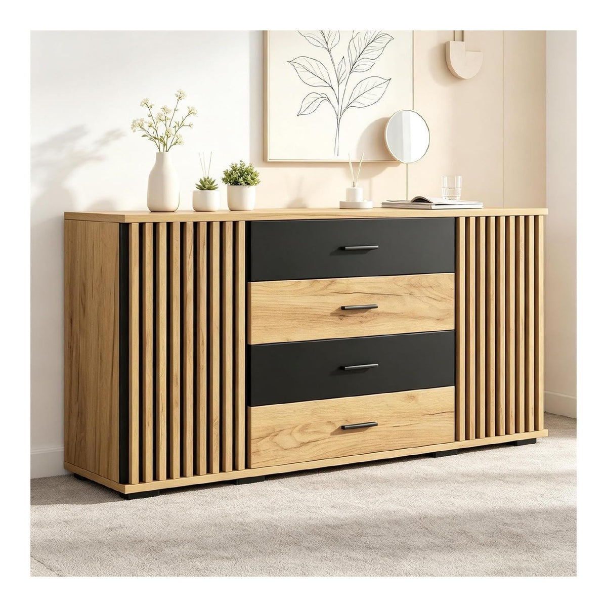 Buffets, credences et vaisseliers reglable avec tiroirs chene 140x35x70cm