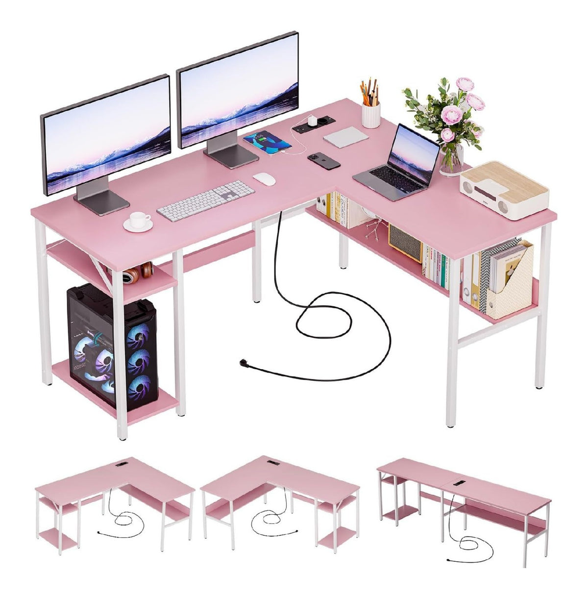 Bureau fonctionnel reglable avec rangement ferme rose