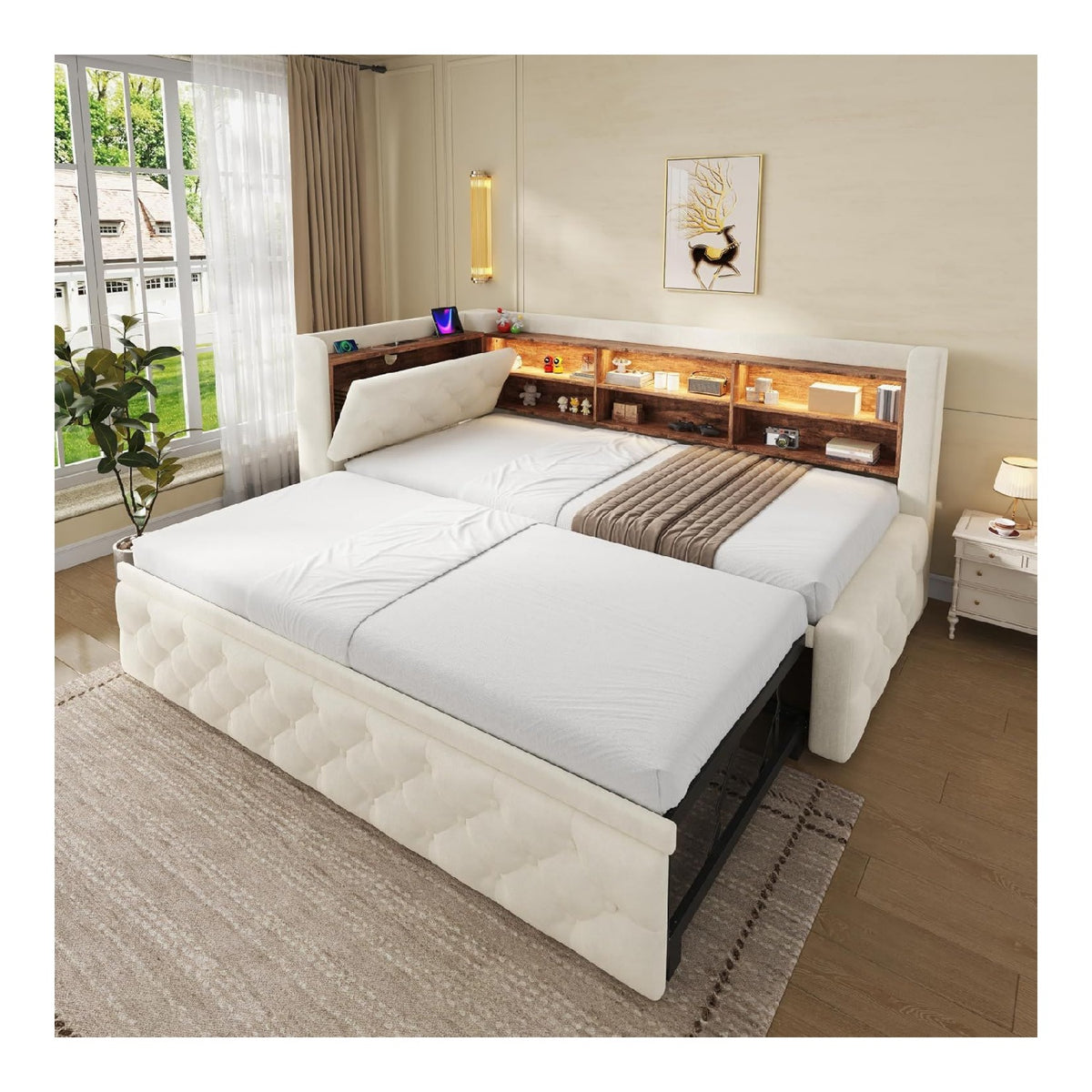 Canapes et divans finition bois revetement velours beige