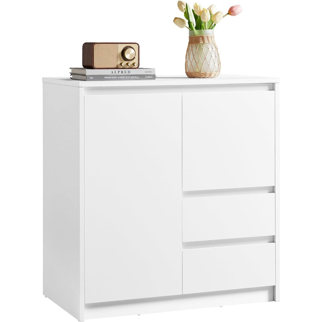 Buffet moderne blanc nuage avec deux tiroirs, porte unique et tablette reglable en hauteur