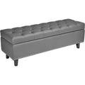 Banquette coffre grise 130,5 cm en cuir PU avec rangement interieur, assise capitonnee et pieds en bois pour chambre entree ou salon