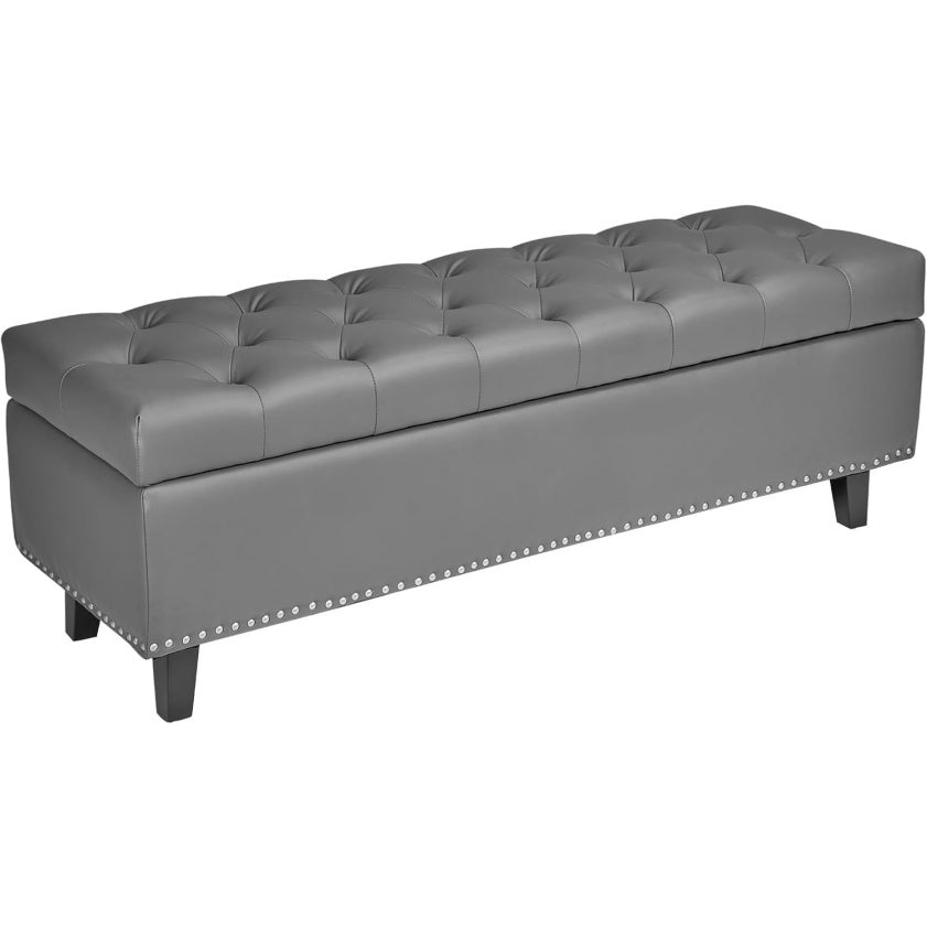 Banquette coffre grise 130,5 cm en cuir PU avec rangement interieur, assise capitonnee et pieds en bois pour chambre entree ou salon