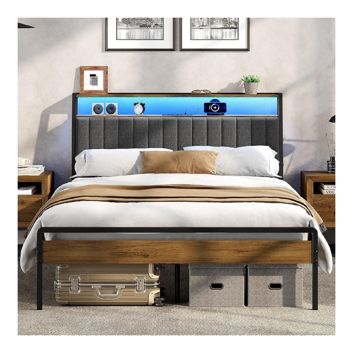 Cadres de lit avec rangement ferme inclinable gris