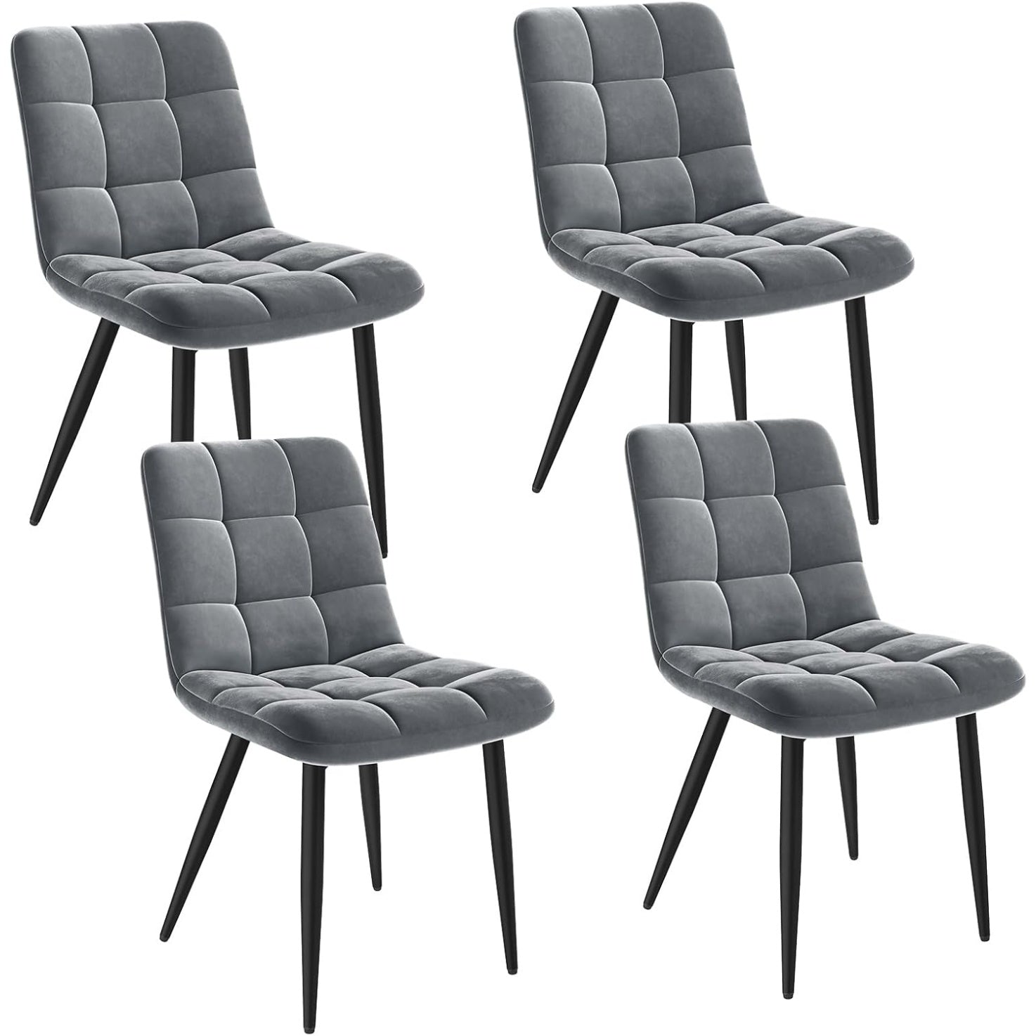 Ensemble de quatre chaises nordiques avec pieds metalliques reglables, dossier ergonomique et revetement gris fonce pour interieur moderne
