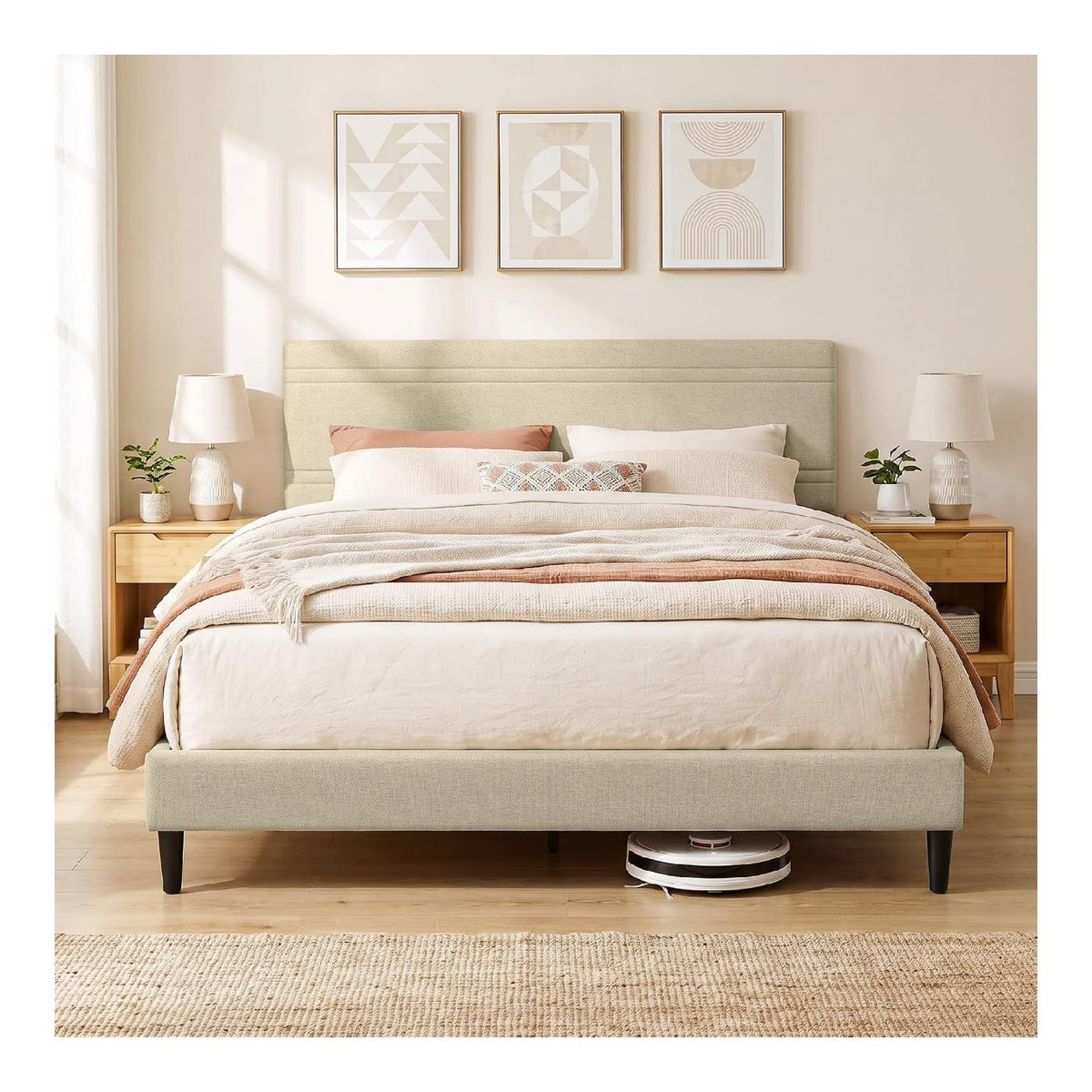 Cadres de lit avec rangement ferme finition bois beige