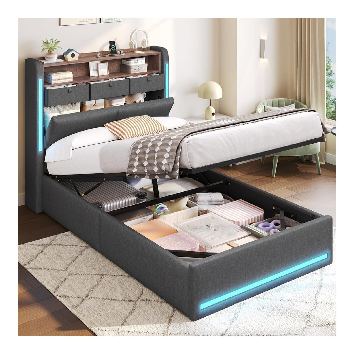 Lits avec tiroirs avec rangement ferme gris fonce 2,15 x 0,95 x 1,09 m