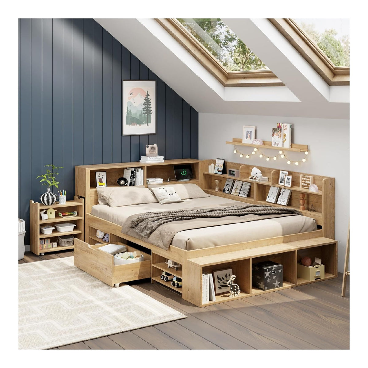 Cadres de lit avec tiroirs finition bois naturel