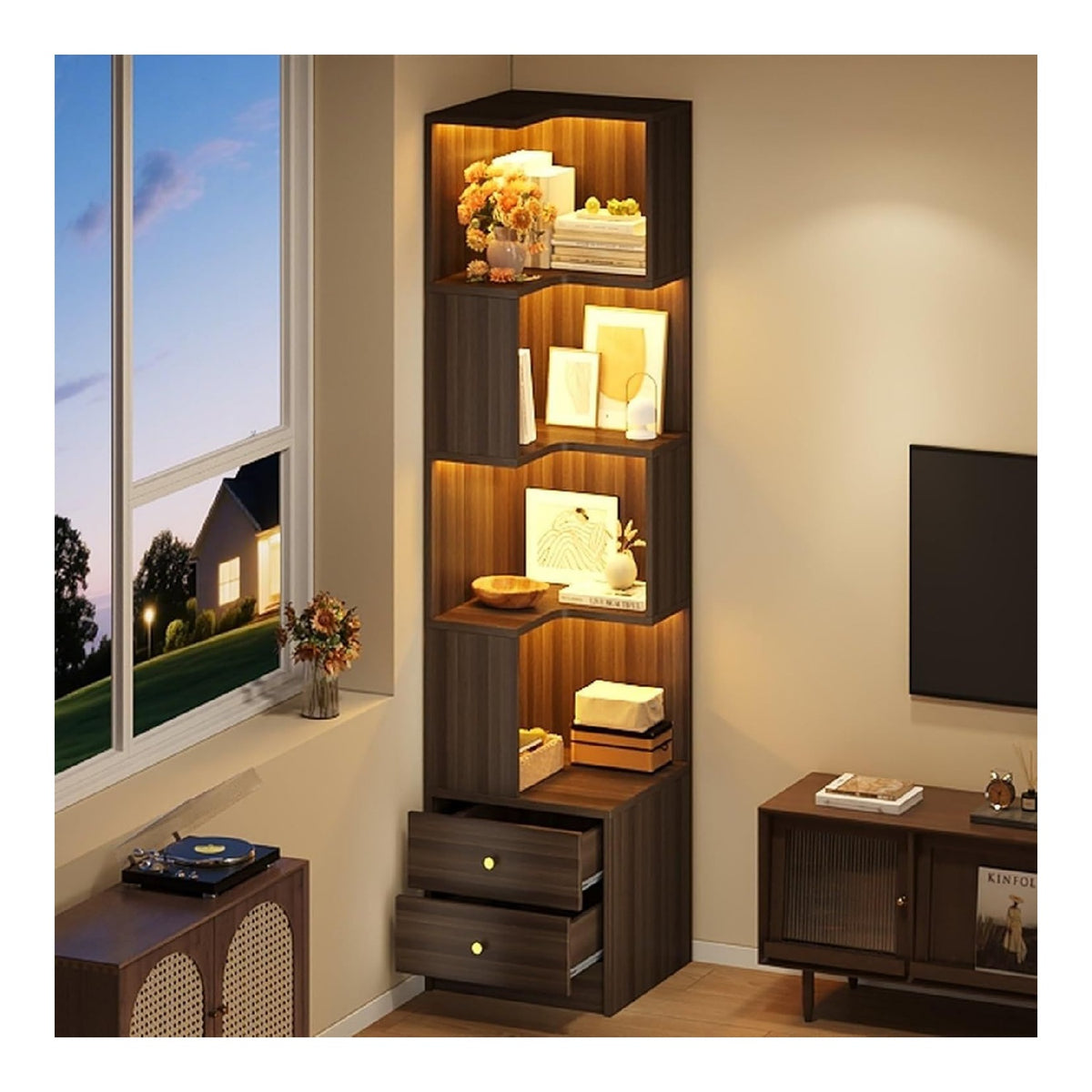 Bibliotheque avec tiroirs avec rangement ferme marron