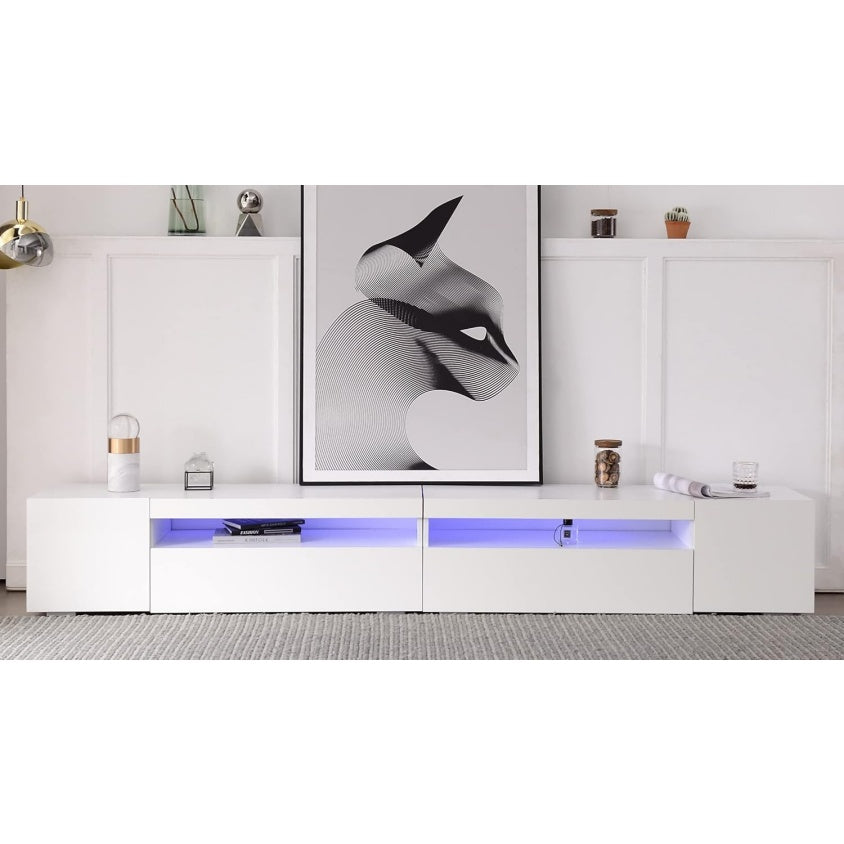 Meuble TV blanc 240 cm avec eclairage LED et espaces de rangement, ensemble moderne pour salon chambre ou salle a manger