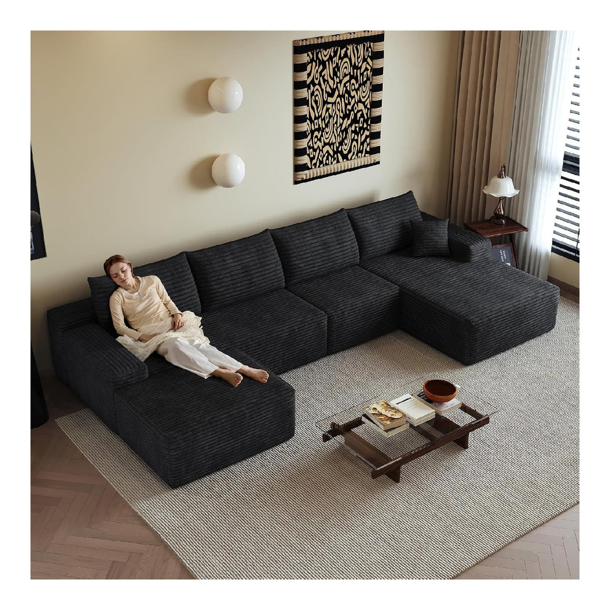 Canapes et divans avec rangement ferme revetement velours noir 3,4 x 1,75 x 0,83 m