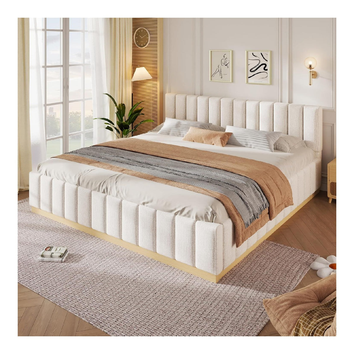 Cadres de lit finition bois structure metal beige