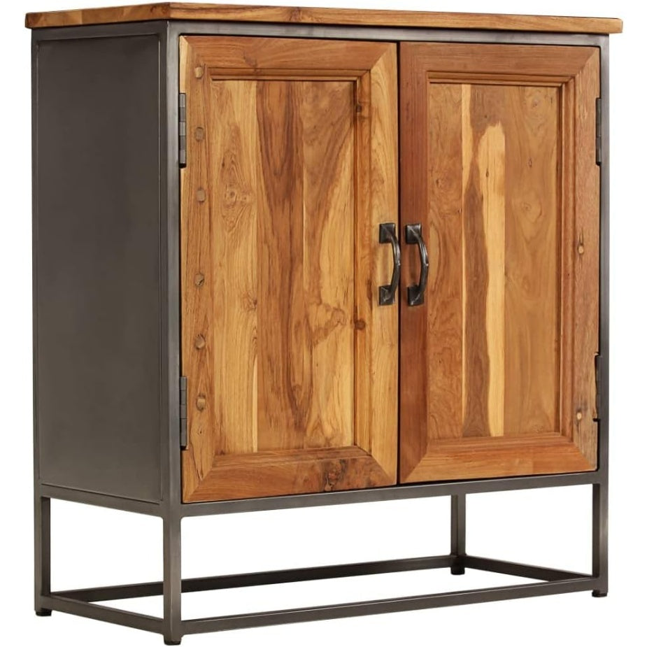 Bahut rustique en teck recycle et acier 65 x 30 x 70 cm, finition vernie avec espace de rangement pour cuisine salon et salle a manger