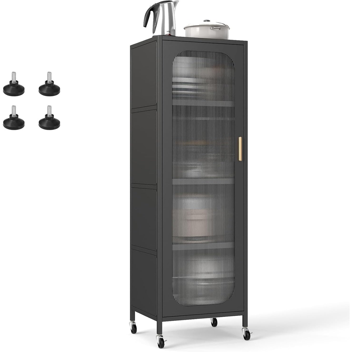 Meuble cuisine noir 45 x 40 x 141 cm avec quatre niveaux, pieds reglables et roulettes verrouillables pour un usage flexible