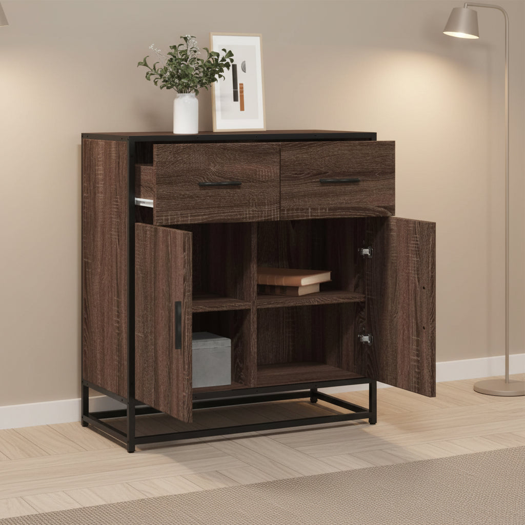 Buffet chene marron 68 cm avec cadre metal, meuble compact et resistant pour salon ou espace repas
