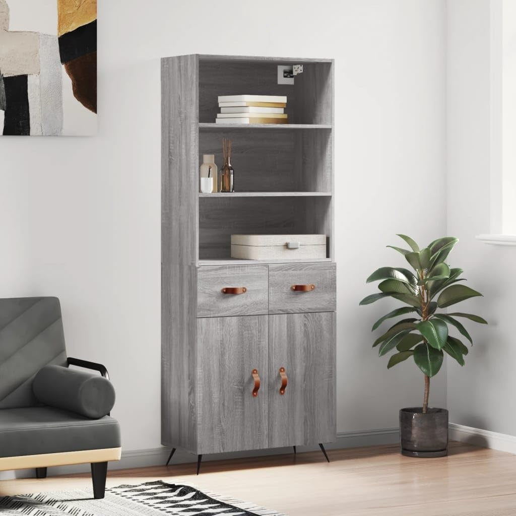 Buffet haut gris Sonoma 69,5 x 34 x 180 cm avec espace de rangement integre, meuble colonne moderne pour cuisine et salle a manger