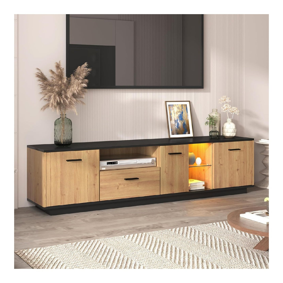 Banc TV avec tiroirs avec rangement ferme naturel 180x37x45cm