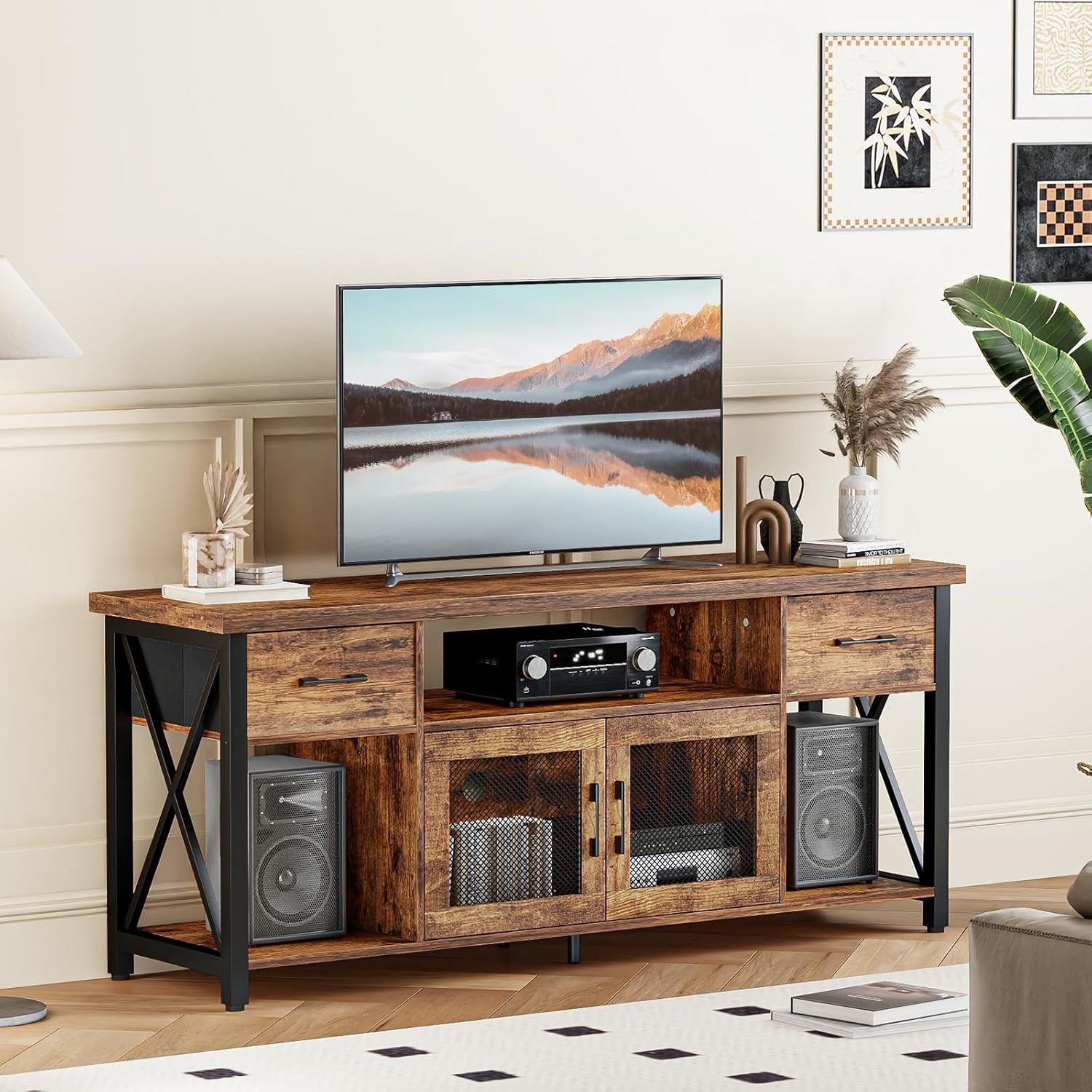 Meuble TV industriel 140 cm avec deux elements de rangement, support multimedia pour ecrans de 45 a 55 pouces