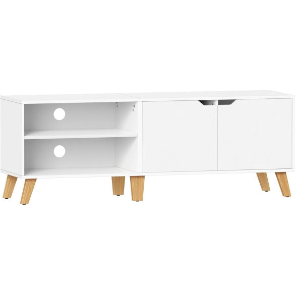 Meuble TV blanc 140 cm avec portes et etageres ajustables pour television jusqu'a 60 pouces