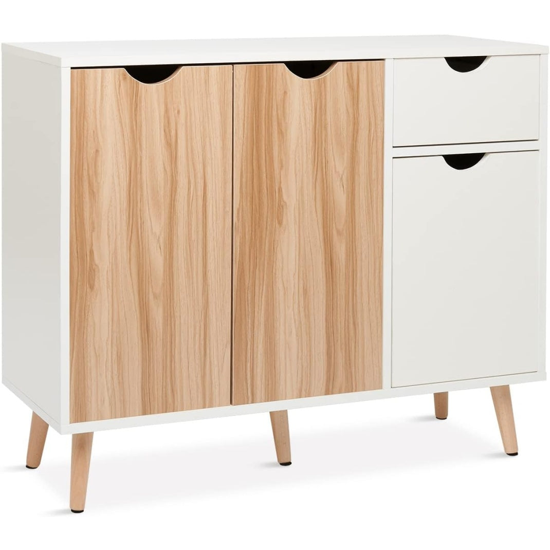 Buffet chene et blanc 90 cm avec trois portes et un tiroir, solution pratique pour cuisine ou salle a manger