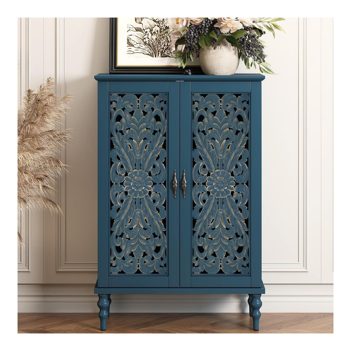 Commode de rangement avec rangement ferme finition bois bleu