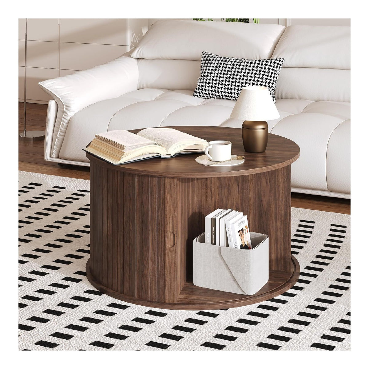 Table basse avec rangement ferme finition bois noyer 70 x 70 x 43 centim