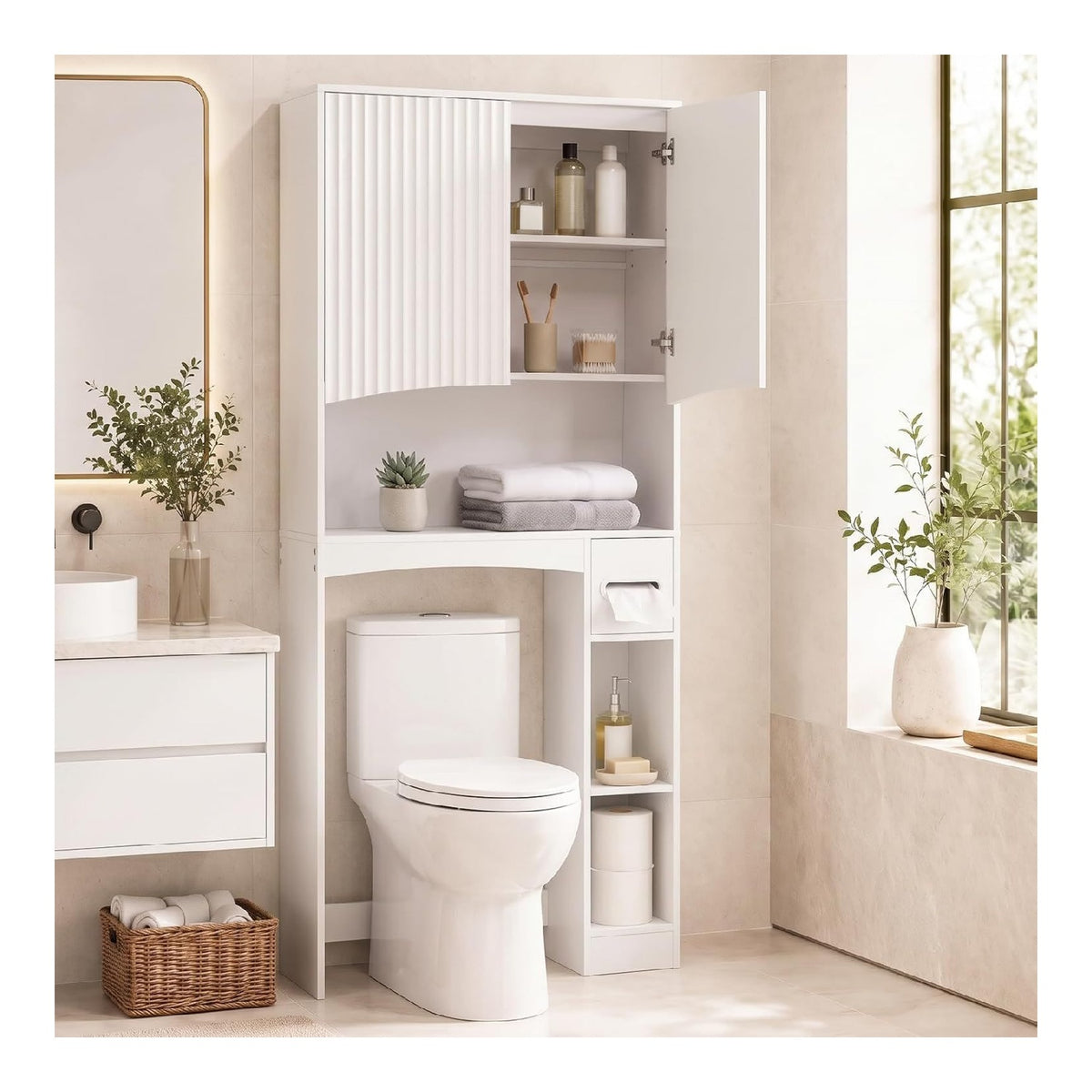 Rangement au dessus des toilettes reglable blanc