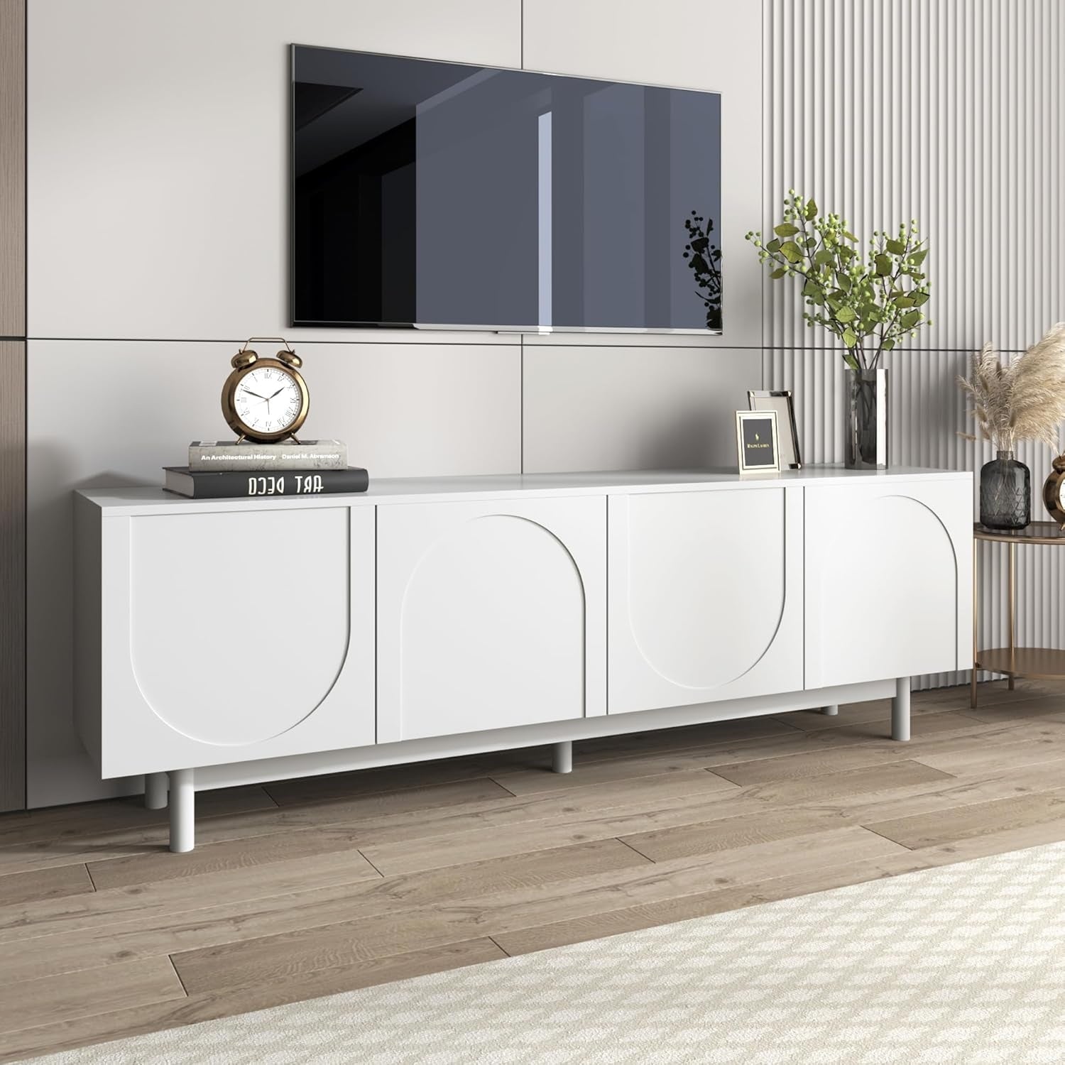 Banc TV blanc design 175 x 38 x 56 cm avec separateurs ajustables, support multimedia pour chambre salon et salle a manger