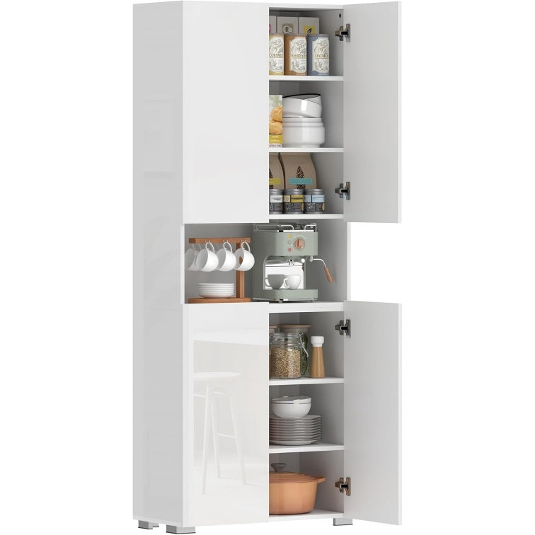 Vaisselier haut de cuisine blanc avec finition brillante, dimensions 68 x 34 x 180 cm, grand meuble vertical pour organiser la vaisselle