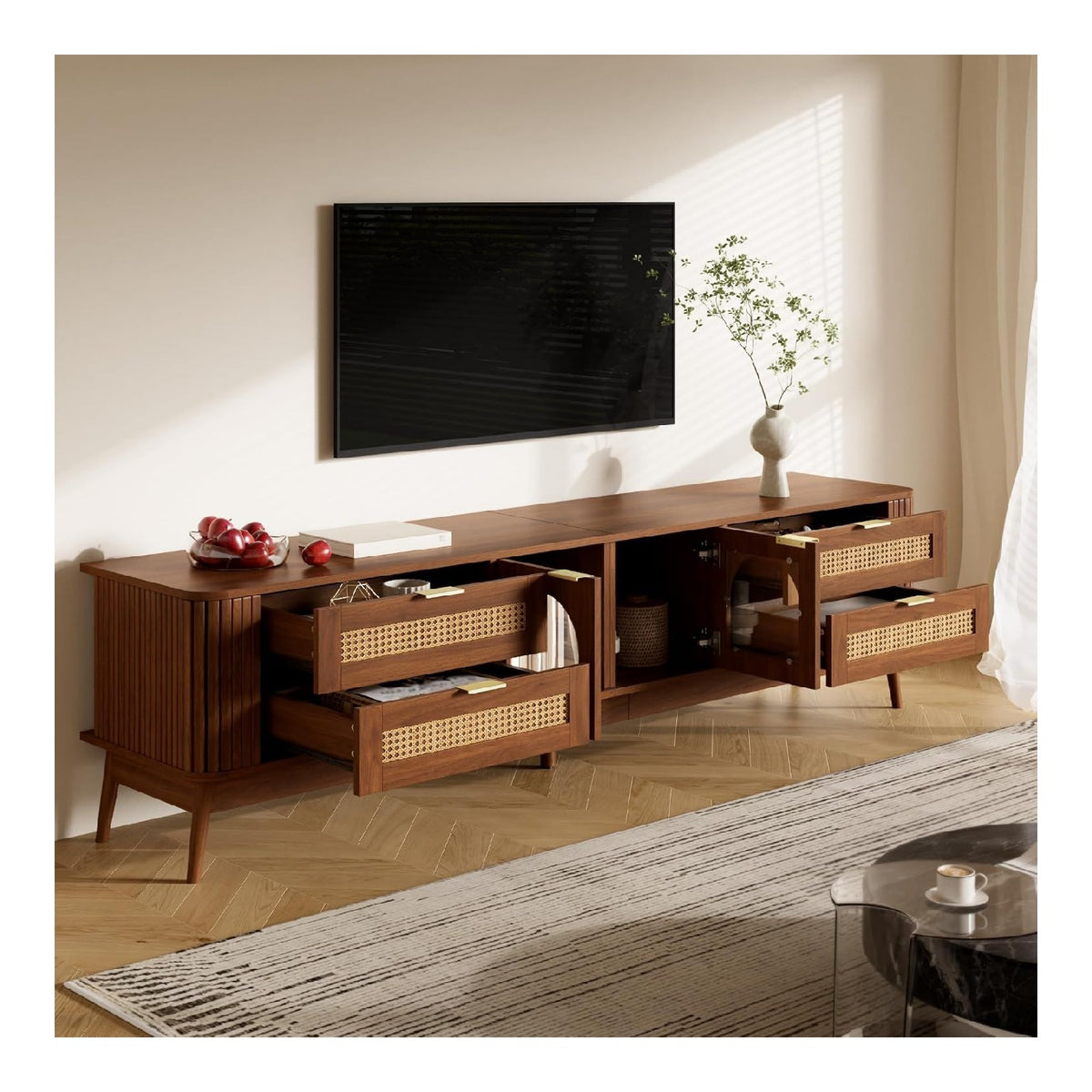 Banc TV avec tiroirs avec rangement ferme noyer