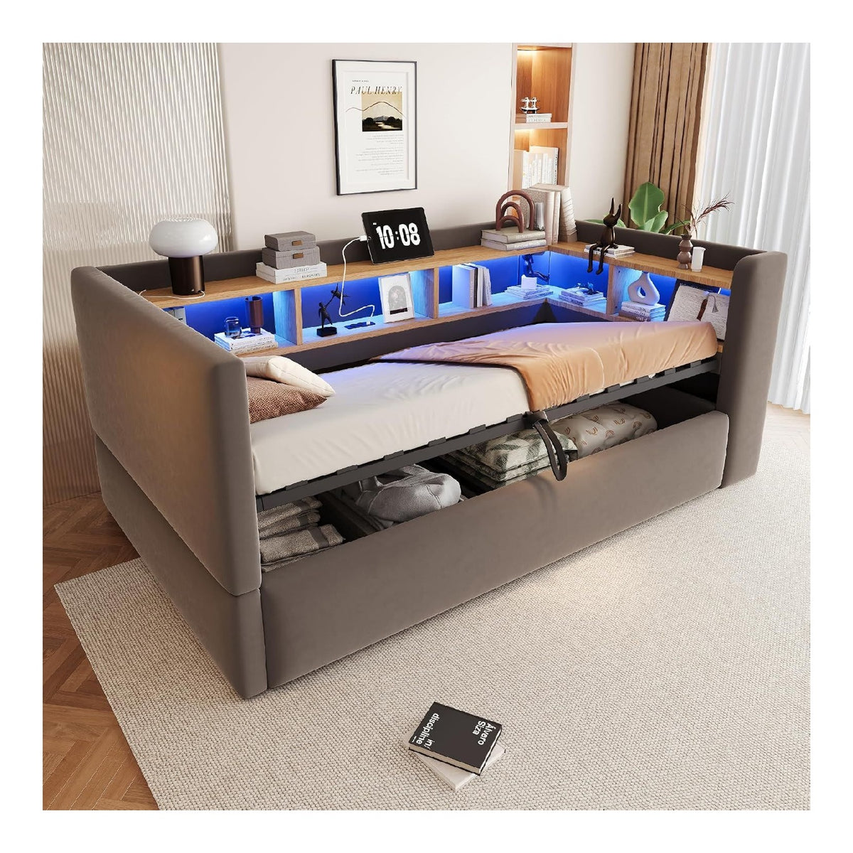 Lits avec rangement ferme structure metal gris fonce