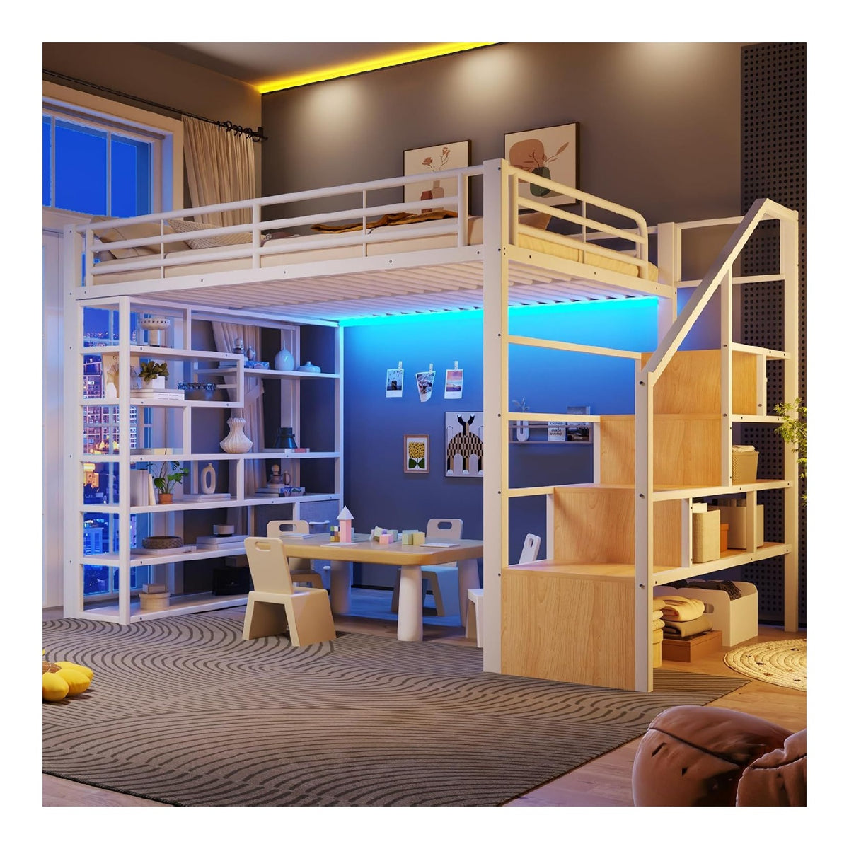 Cadres de lit avec rangement ferme structure metal blanc 2,52 x 1,45 x 1,7 m
