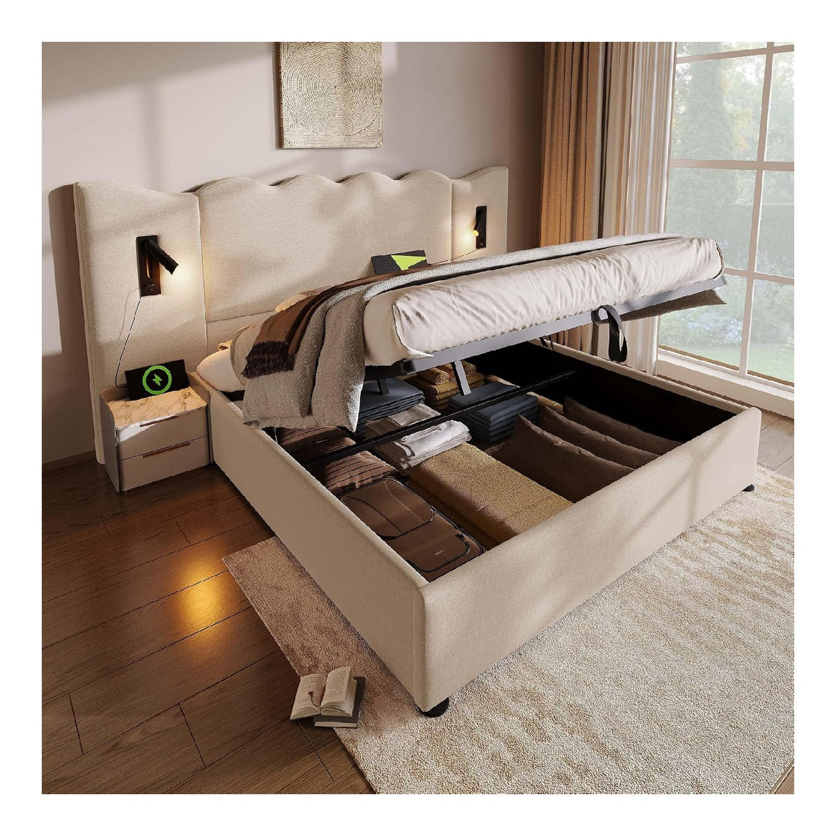 Lits avec rangement ferme finition bois beige