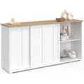 Bahut blanc 160 cm avec trois portes coulissantes et plateau imitation bois, mobilier fonctionnel pour espace de vie