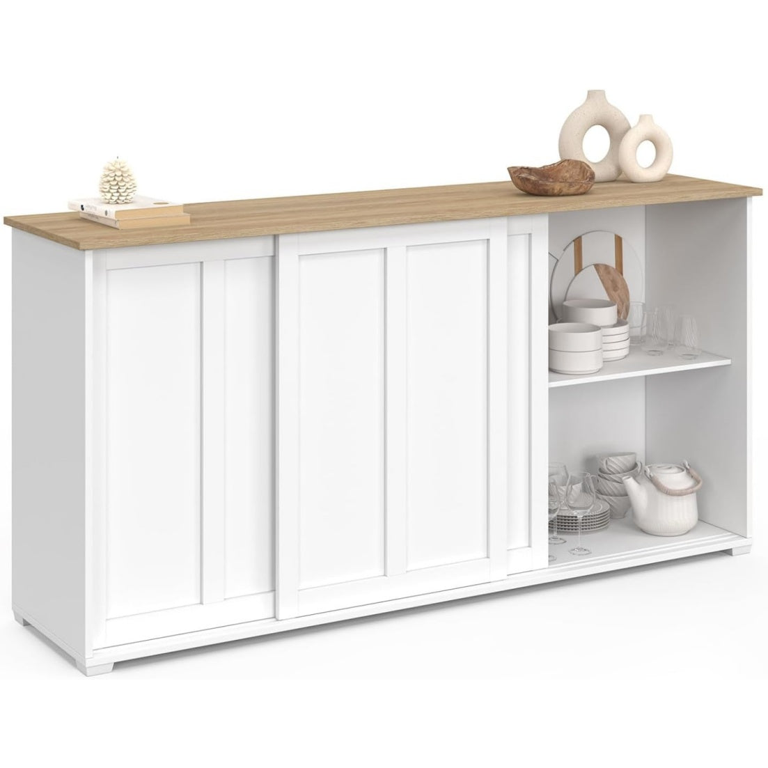 Bahut blanc 160 cm avec trois portes coulissantes et plateau imitation bois, mobilier fonctionnel pour espace de vie