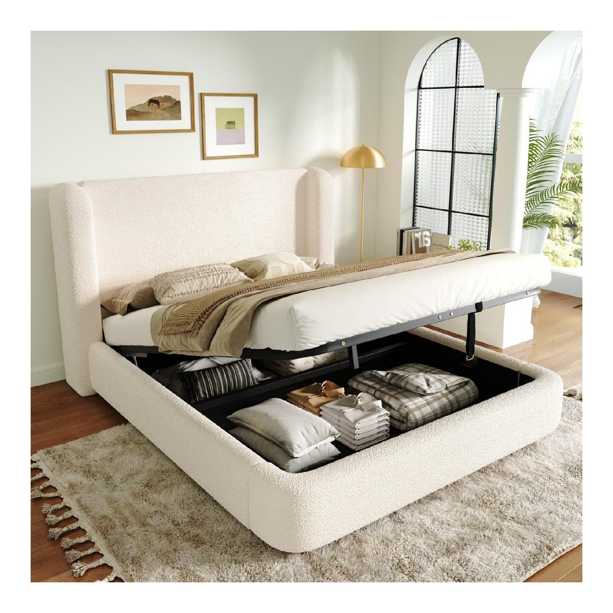 Lits finition bois structure metal beige 2,19 x 1,89 x 1 m