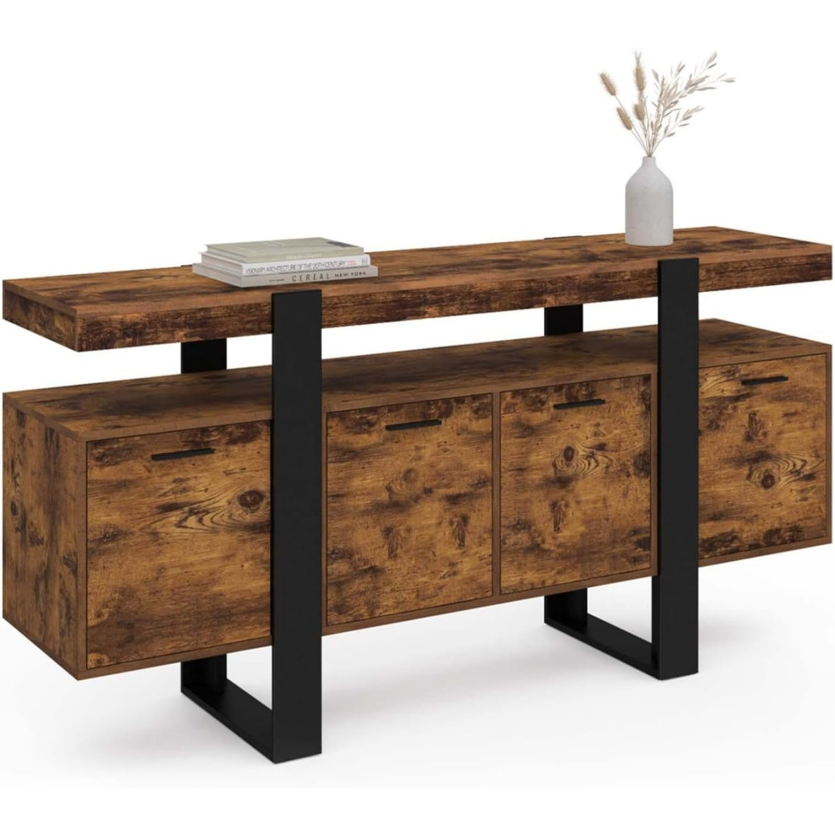 Buffet 160 cm effet bois vieilli noir avec quatre portes et style industriel moderne
