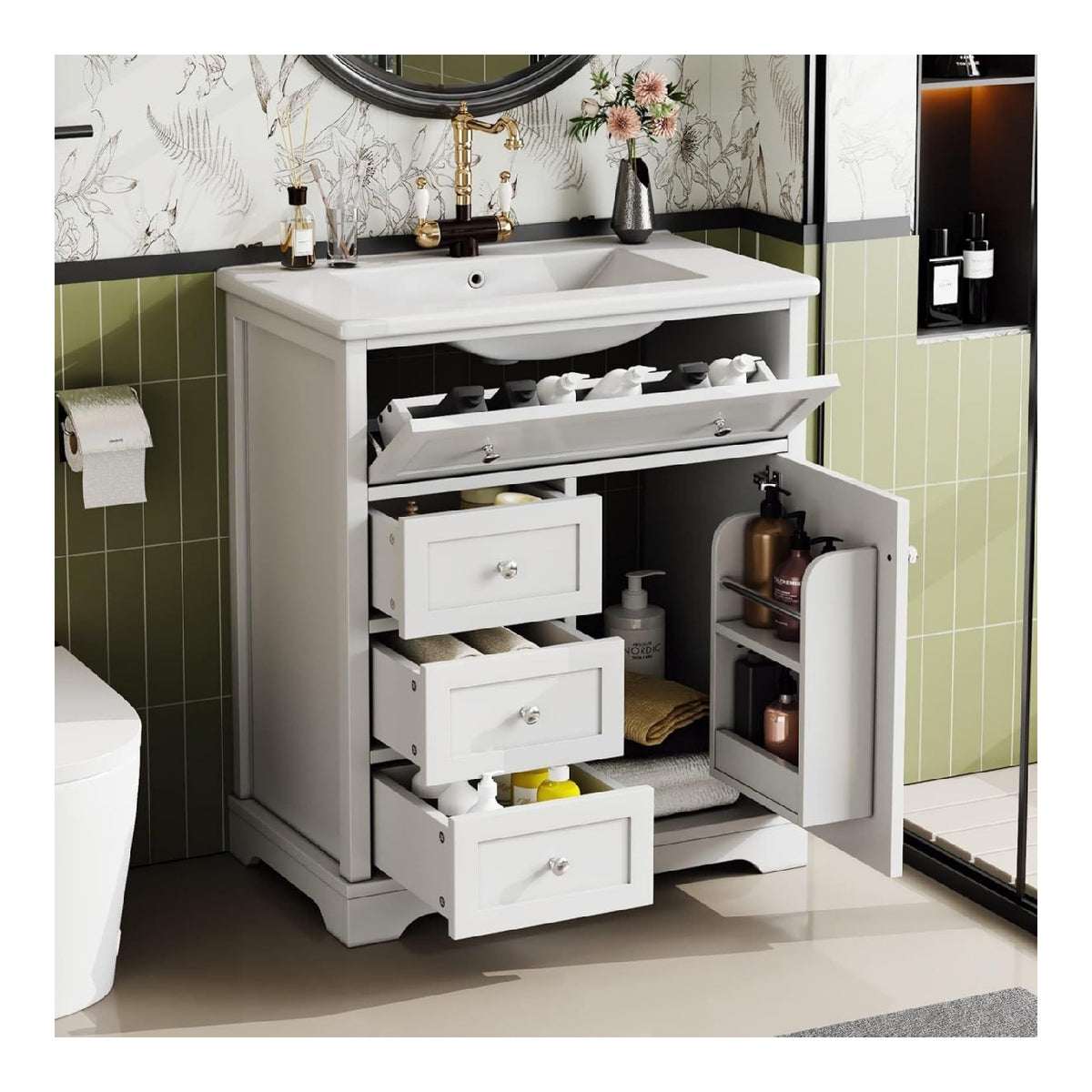 Meubles-lavabos avec tiroirs avec rangement ferme blanc