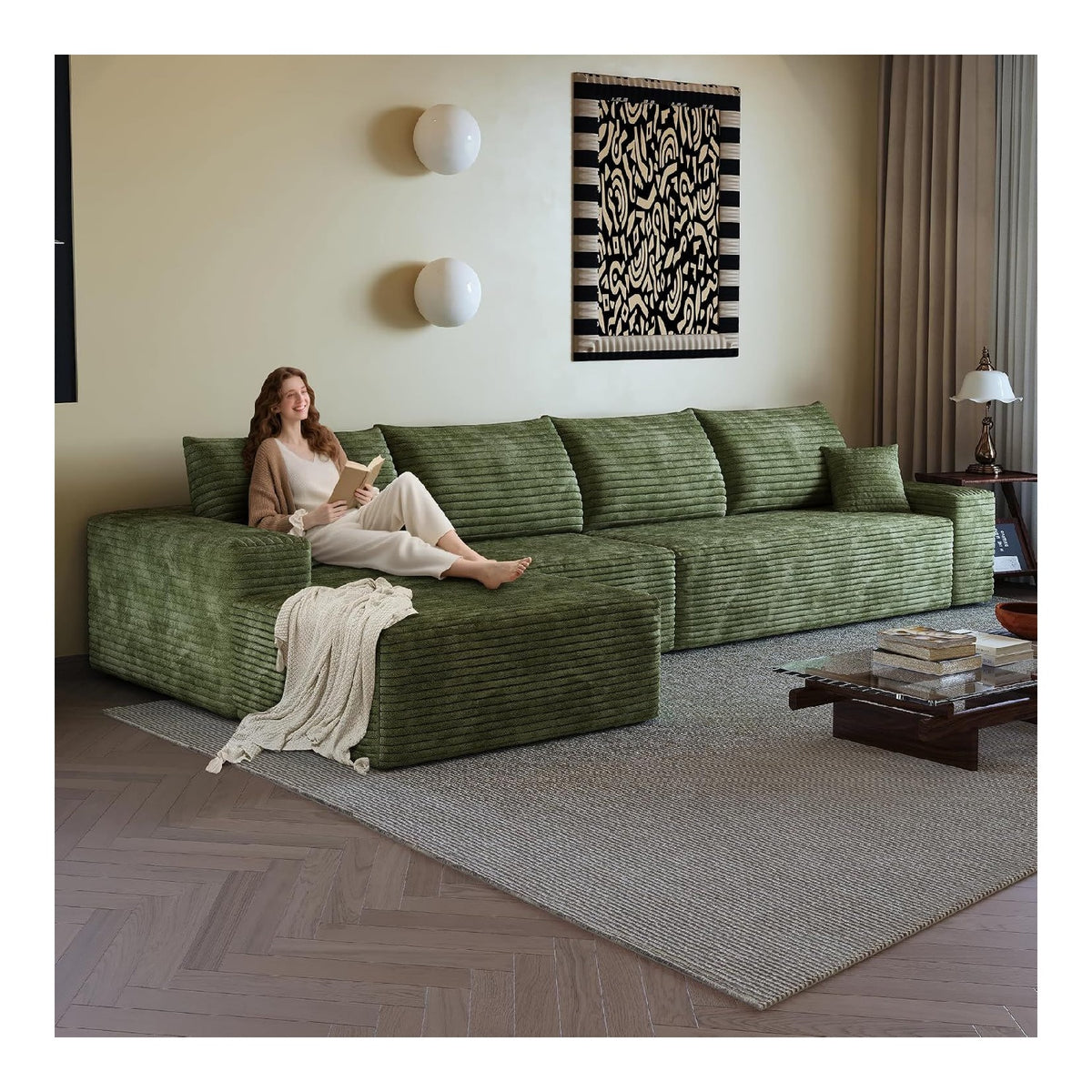 Canapes et divans revetement velours vert 3,4 x 1,75 x 0,83 m