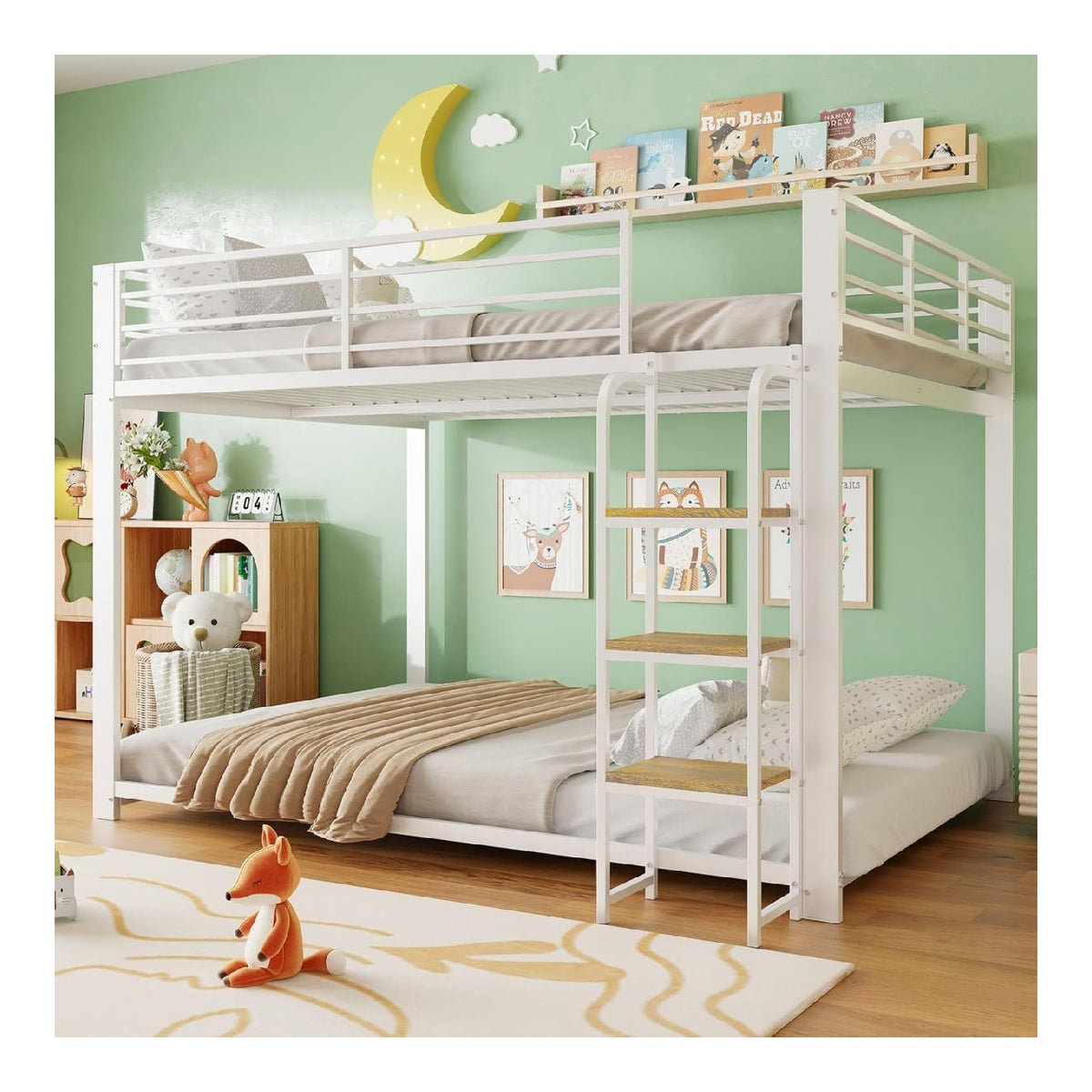 Lits finition bois structure metal blanc 2,04 x 1,45 x 1,45 m