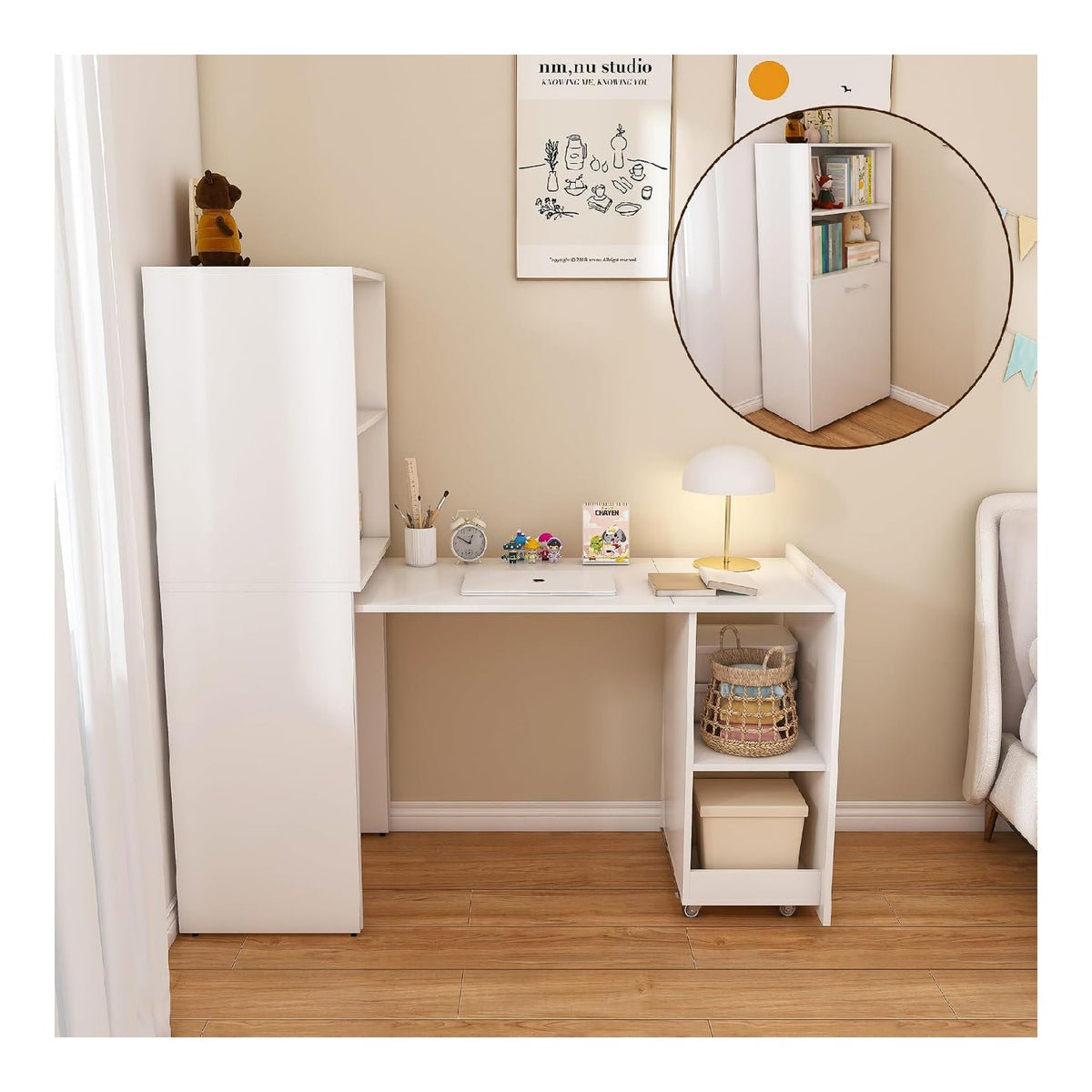 Bureau fonctionnel sur roulettes blanc